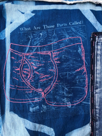 What Are Those Parts Called, Two. An image printed on fabric from a 1930s magazine, of lots of small labelled diagrams of household tools and machinery, titled "what are those parts called". Stitched over this in continuous lines thick pink thread is an outline image of a pair of men's briefs. 