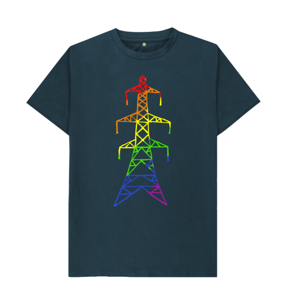 A black straight-cut t-shirt with an electricity pylon design, the pylon is a tall tower made of interconnecting beams, with three pairs of horizontal arms from its top half. It graduates through the rainbow, from red at the top to purple at the base. 