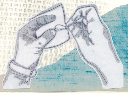 A line drawing of a pair of hands with shaded lines behind the thin dark drawn line, the left hadn holds a square of fabric, the right is pulling a thread tight after making a stitch. The background that the hands are collaged onto has two main areas, divided by a diagonal line from top right to bottom left. The top area has small grey blobs on an ivory paper, the bottom is light green with darker green marking a faint grid. 