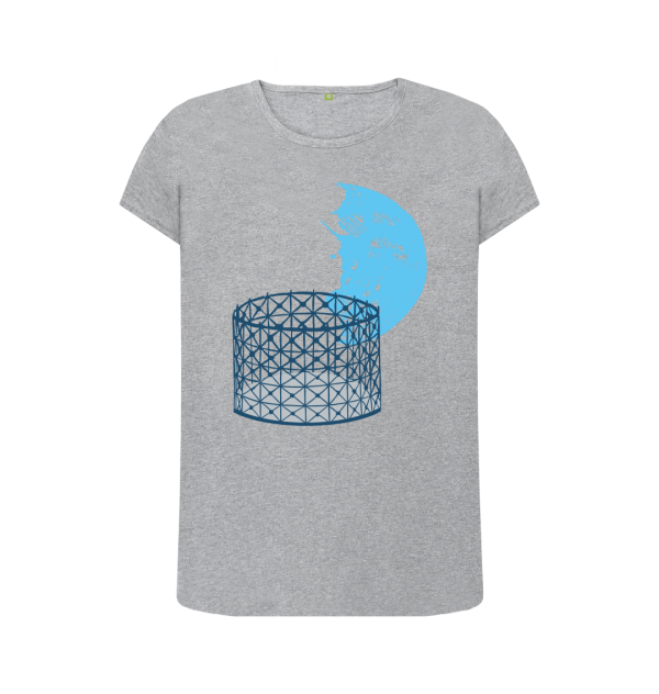 A grey tailored t-shirt with a design printed on it of a cylindrical gas holder, in front of a large half moon.